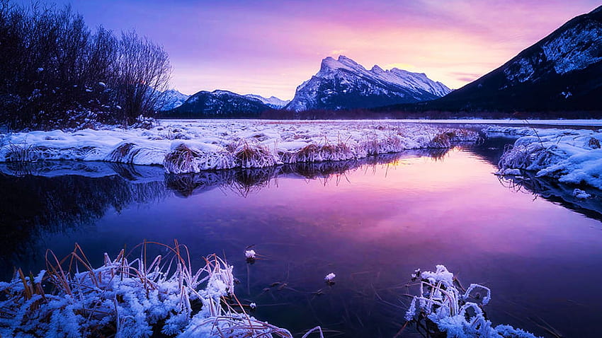 Sunset At Banff NP, Alberta, neve, cores, céu, Canadá, montanhas, gelo, lago, inverno, reflexões, árvores papel de parede HD
