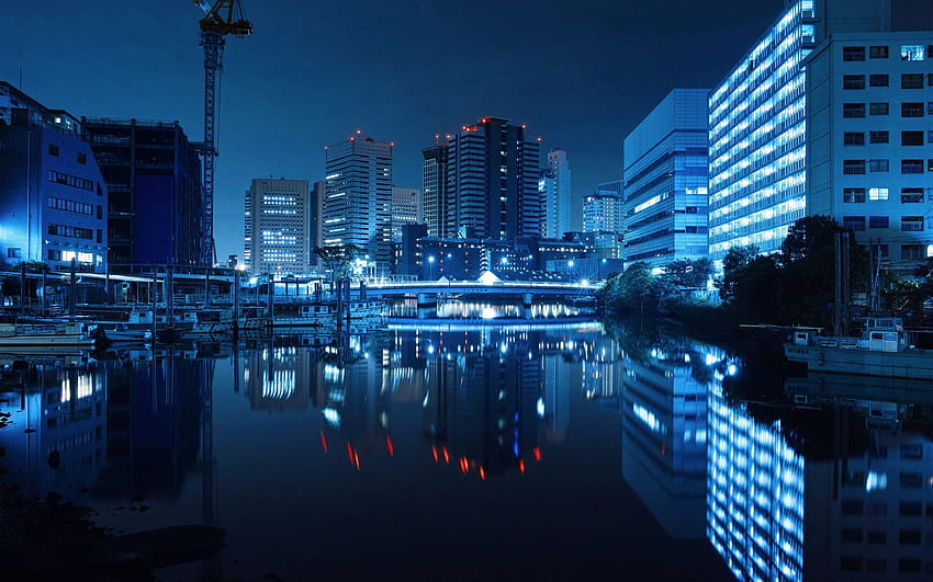 Refleksi, danau, lampu kota, malam, pemandangan kota, Tokyo, Jepang