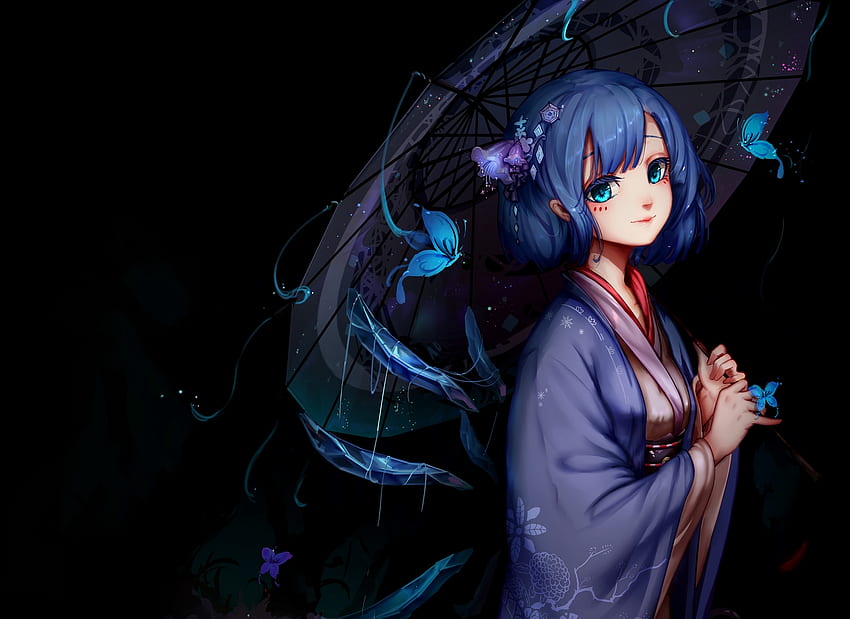 аква очи черна синя коса пеперуда чирно тъмна фея японски дрехи кимоно киомаса рен къса коса тоухоу чадър крила - Аниме HD тапет