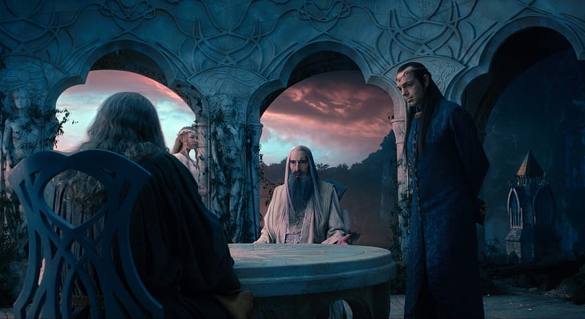 The Hobbit: An Unexpected Journey, สีน้ำเงิน, Cate Blanchett, Christopher Lee, สีบลอนด์, แกนดัล์ฟ, เดอะฮอบบิท, ความงาม, ยนตร์, นักแสดง, ปราสาท, เอลรอนด์, ขาว, ผู้ชาย, Hugo Weaving, พ่อมด, เอลฟ์, ผู้คน, กาลาเดรียล, การเดินทางที่คาดไม่ถึง, ราชา ซารูมาน เอียน แมคเคลเลน เจ้าหญิง ราชินี ริเวนเดล วอลล์เปเปอร์ HD
