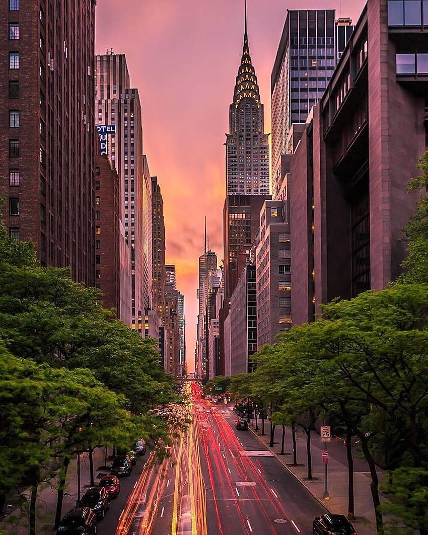 42. ulica o zachodzie słońca. Wiosna w Nowym Jorku, Nowy Jork, Odwiedź Nowy Jork, NYC Spring Tapeta na telefon HD