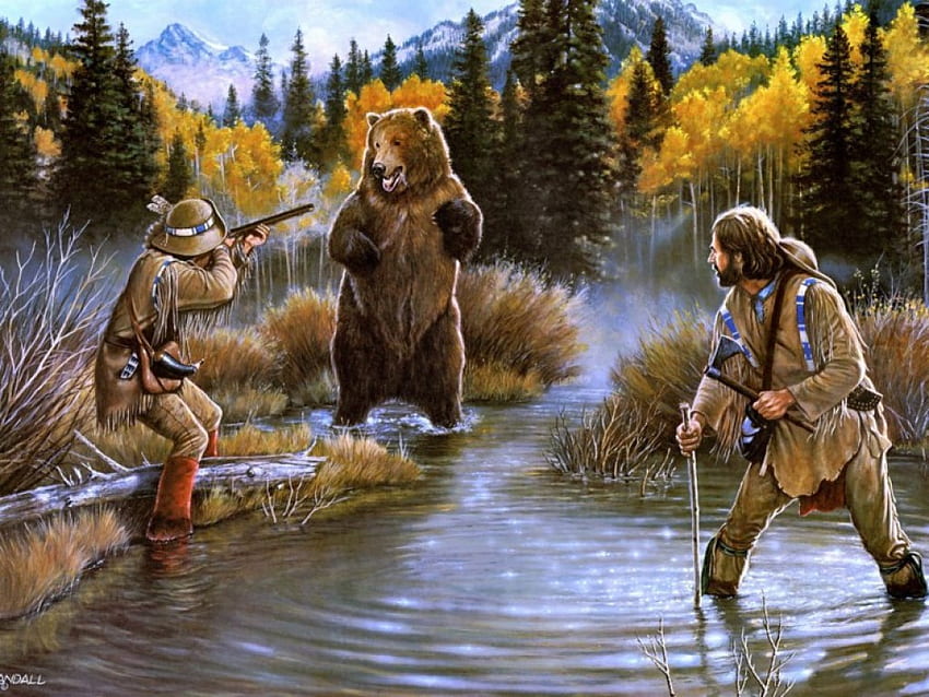 The bear hunters, hunters, abstract, bear, painting HD wallpaper