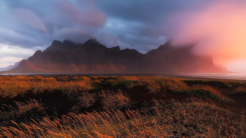 Gap in the Clouds - Vestrahorn, Southeast Iceland, landscape, sea, sky, sunset HD wallpaper