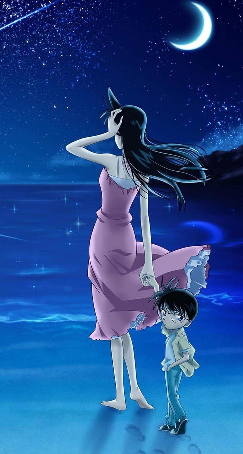 Ran & Conan enjoy the moonlit beach together. Even so small, Shinichi looks very protective of his. Detective conan , Detective conan, Anime, Detective Conan Phone HD phone wallpaper