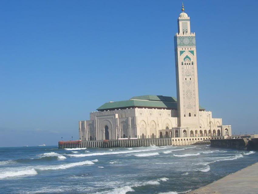 Hassan II Mosque, Morroco, monument, building, sand, ocean HD wallpaper