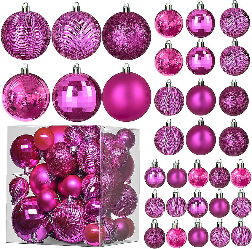 Fuchsia Christmas Ball Ornaments Decorations - 36 Pieces Xmas Tree Shatterproof Ornaments dengan Hanging Loop untuk Dekorasi Liburan dan Pesta (Kombinasi 6 Gaya dalam 3 Ukuran), Ornamen Natal Merah Muda Wallpaper HD