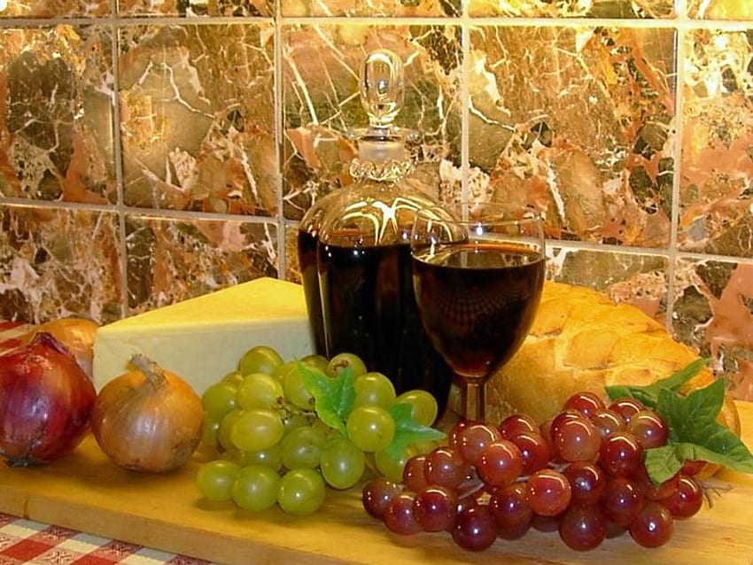 Ser i winogrona, martwa natura, jedzenie z kredensu, ser i wino Tapeta HD