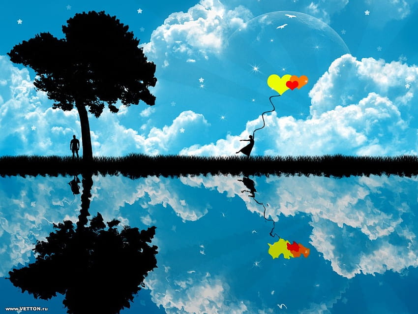A Girl Playing To Hearts !!!, bleu, 3d-art, homme, fille, arbre, jouer, lac, étoile, abstrait, jaune, rouge, ciel, coeur, nuage Fond d'écran HD