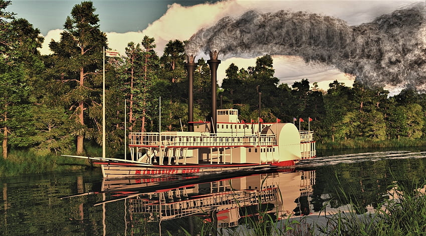 The Mississippi Queen, smoke, trees, watercraft, mississippi HD wallpaper