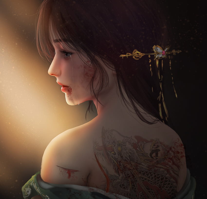 Fantasy girl, d c ph m, kimono, frumusete, asian, tears, tattoo, gorgeous, geisha, girl, superb, jewel, fantasy, face, dcphm HD wallpaper