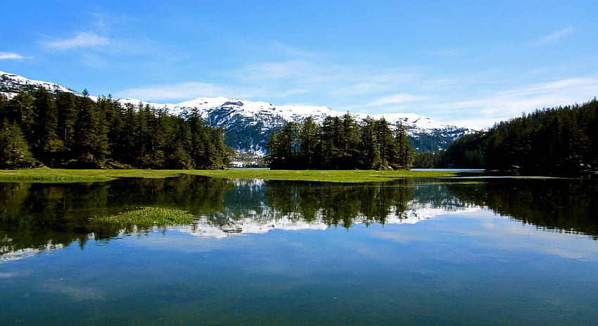 Jezioro na Alasce, Alaska, góra, jezioro, odbicie, drzewa, natura, niebo, woda, las Tapeta HD