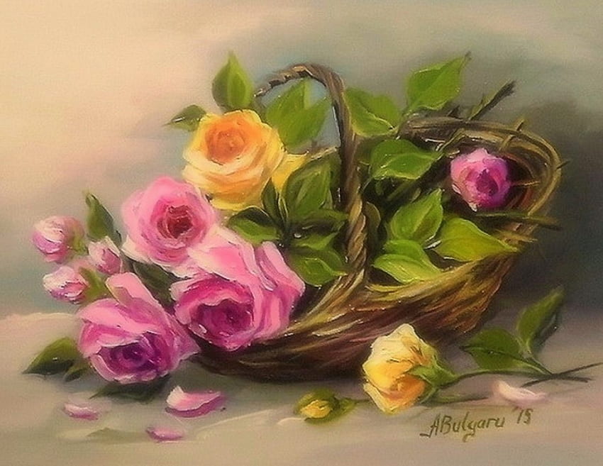 ✿⊱•╮Trinket with Roses╭•⊰✿, love four seasons, basket, roses, draw and paint, flowers, all roses, paintings, lovely still life HD wallpaper