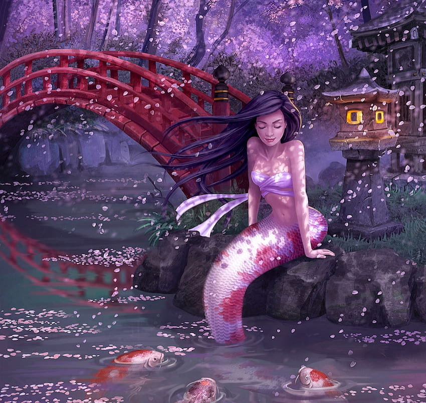 Sakura mermaid, mermaid, frumusete, yasumatsuoka, peste, girl, koi, spring, fantasy, petals, sakura, bridge, cherry blossom, fish, luminos, water, siren HD wallpaper