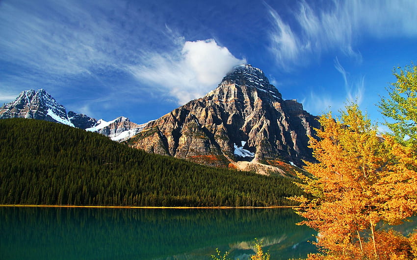 Lago inferior de aves acuáticas, Monte Chephren, Banff NP, Alberta, cielo, montañas, otoño, árboles, nubes, Canadá fondo de pantalla