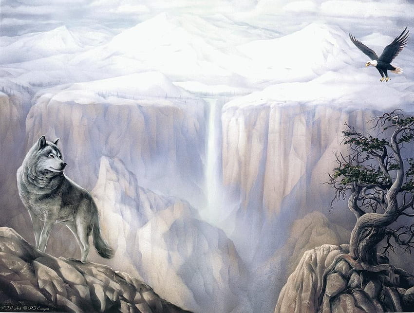 schwarze und weiße Bäume und Wasser und ein Wolf Gemälde.. Adler, Fliegen, Nebel, Berge, Stehen, Baum, Wasser, Wasserfall, Wolf. Malerei, Kunst, Wolfsmalerei, Fliegender Wolf HD-Hintergrundbild
