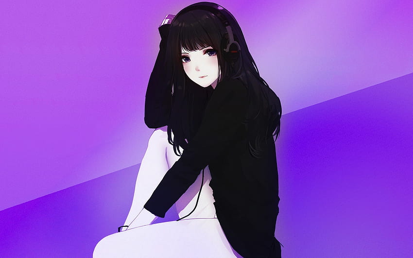 Kopfhörer, süß, Anime-Mädchen, schwarzer Hoodie HD-Hintergrundbild
