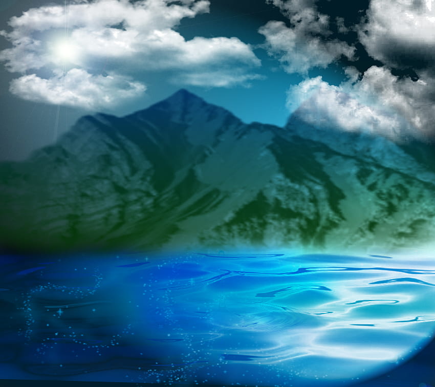 Pemandangan Biru, lautan, cahaya, awan, gunung, air, tenang Wallpaper HD