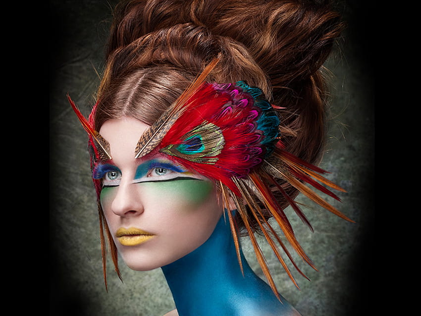 Peacock, makeup, face, beautiful, look, female HD wallpaper