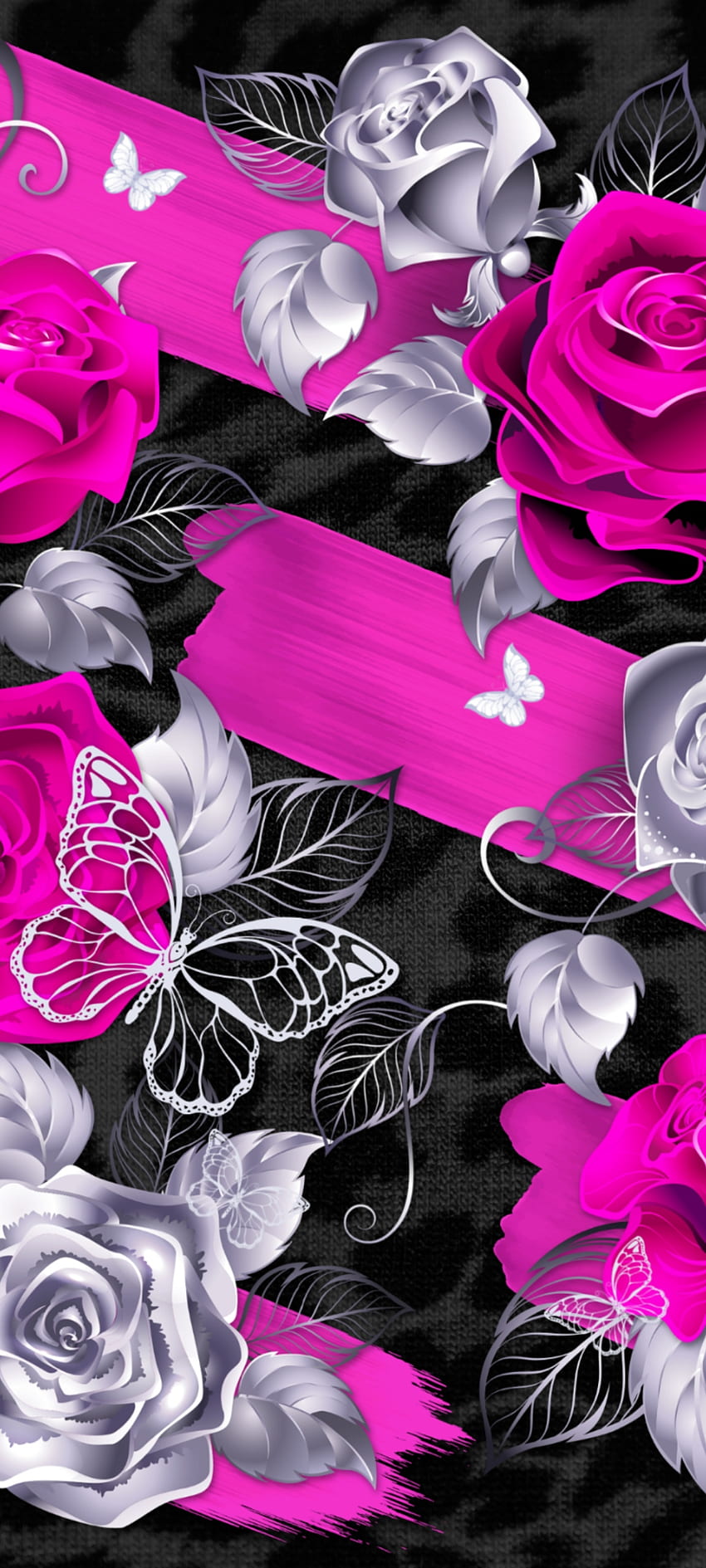 BlackLeopard Pink로즈, 꽃, 핑크, 꽃잎, 나비 HD 전화 배경 화면