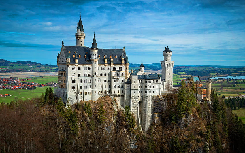 Neuschwanstein Castle, romantic castle, landmark, Bavarian Alps, mountain landscape, Castles of Germany, Alps, Schwangau, Germany HD wallpaper