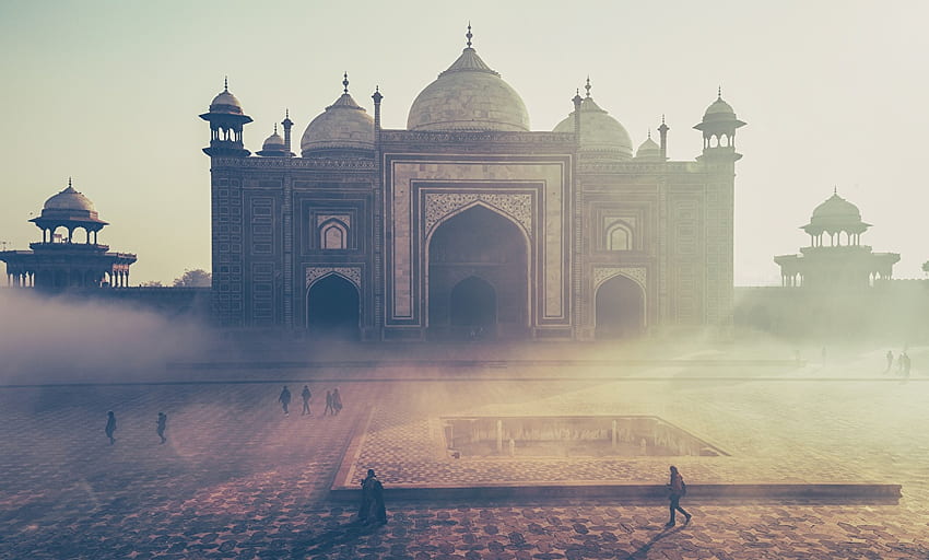 Taj Mahal Mosque mausoléu, Agra, Índia Uttar Pradesh Fog papel de parede HD