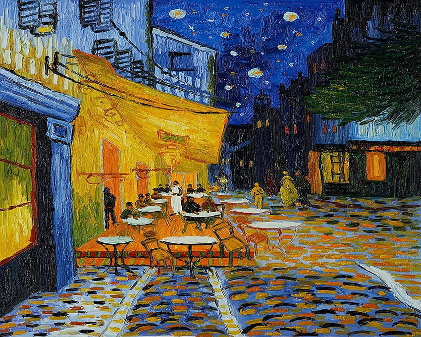 Тераса на кафенето през нощта с висока резолюция. любимо произведение на изкуството. Ван Гог HD тапет