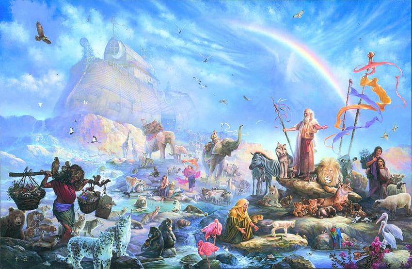 THE CELEABRATION, LAND, ARK, RELIGIOUS, ANIMALS, NOAHS, RAINBOW HD wallpaper