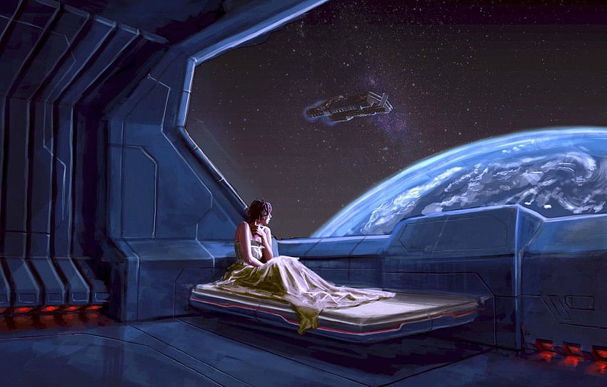 stars, future, woman, ship, planet, Earth, the window, on the bed, space station for , section фантастика HD wallpaper