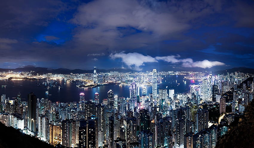 Hong Kong China Megapolis Sky night time 上から 都市, Hong Kong at Night 高画質の壁紙