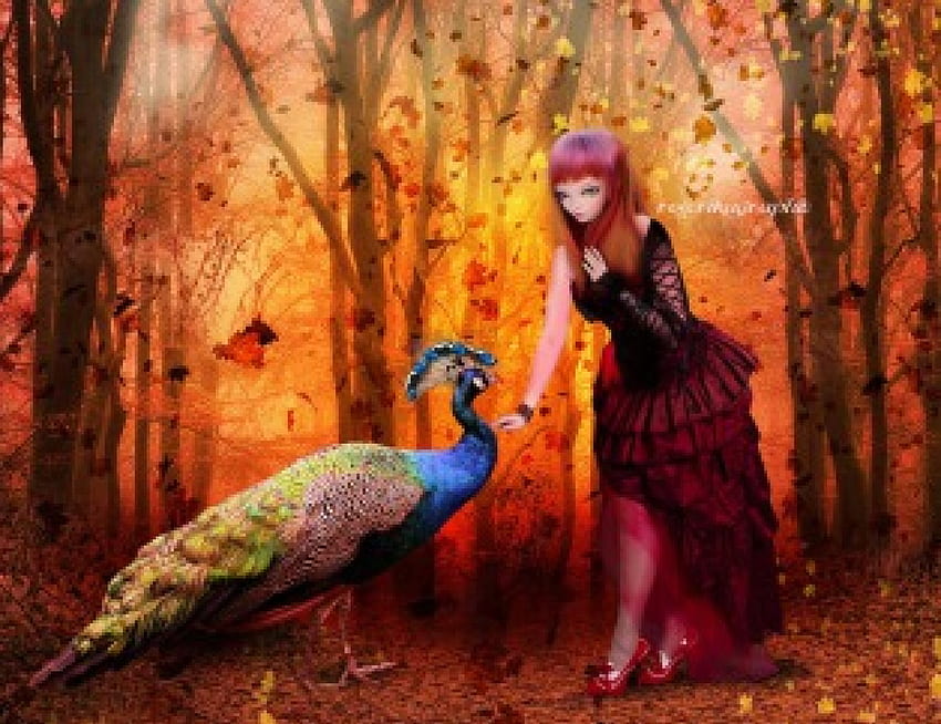 ~Elegance Red Peacock~, plantas, fofa, arte digital, vestido, charme, pena, animais, árvores, lábios, elegância, pavão, cara de boneca, fêmea, cair, olhos, florestas, linda, outono, folhas, fantasia, bonita, manipulação, vermelho, rosto, meninas, flores, adorável, cabelo papel de parede HD