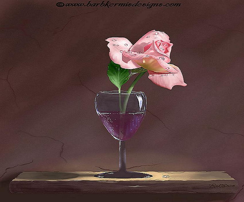 Wine and rose, table, wine glass, rose in glass, pink rose, wine HD wallpaper
