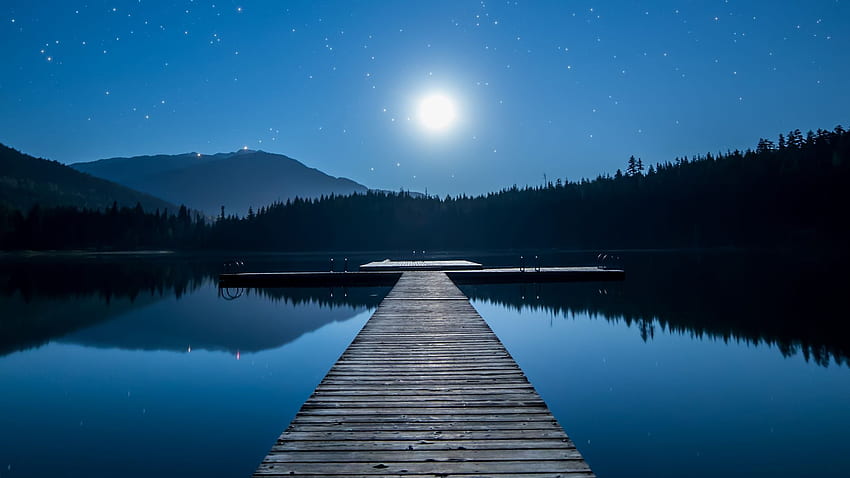 of Lake, Dock, Moon, Mountains, Dock at Night HD wallpaper