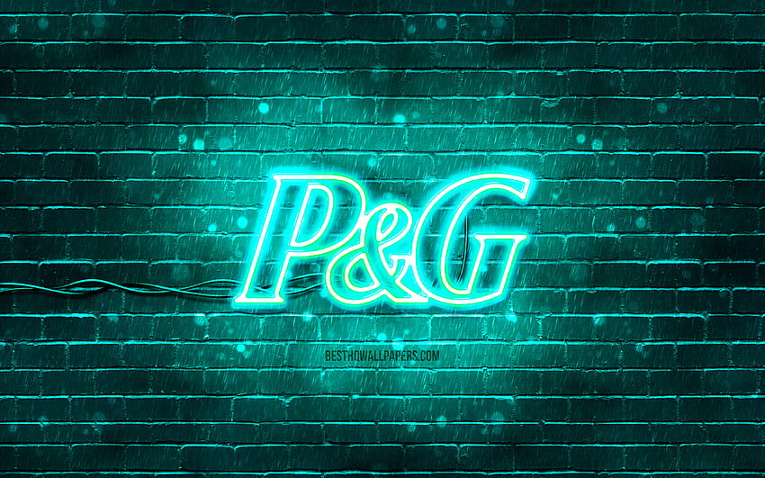 Procter and Gamble turquoise logo, , turquoise brickwall, Procter and Gamble logo, brands, Procter and Gamble neon logo, Procter and Gamble HD wallpaper