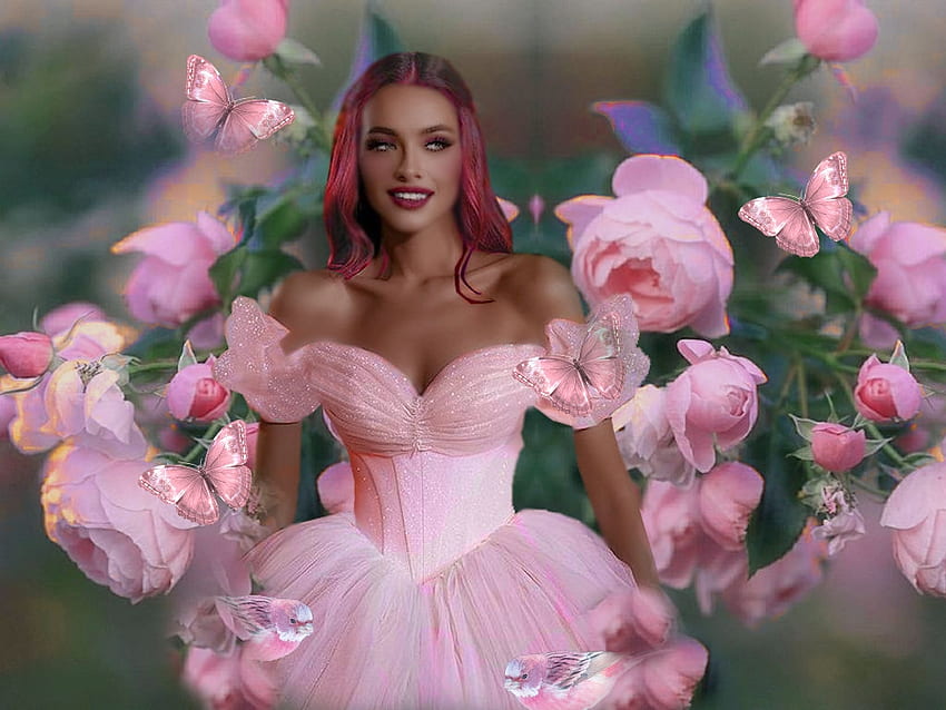 Perfectly Pink Ladies 9, нежно, момиче, цветя, рокля, пастел, птици, пеперуди, нежно, розово, красиво, зелено, прекрасно HD тапет