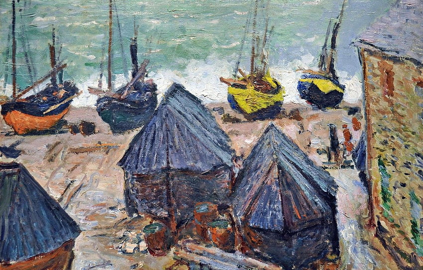 paisagem, Claude Monet, Barcos na praia em Étretat para , seção живопись papel de parede HD