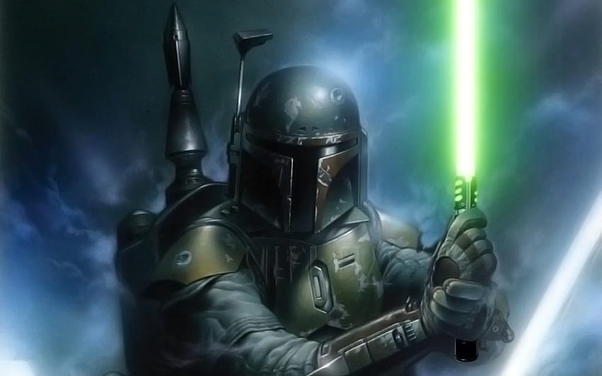 Pria bersetelan abu-abu memegang pedang hijau, Star Wars, Boba Fett Wallpaper HD