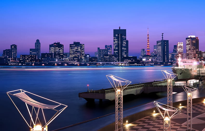 the sky, night, lights, building, tower, home, skyscrapers, excerpt, Japan, lighting, Tokyo, Bay, Tokyo, Japan, blue, megapolis for , section город, Tokyo Bay HD wallpaper
