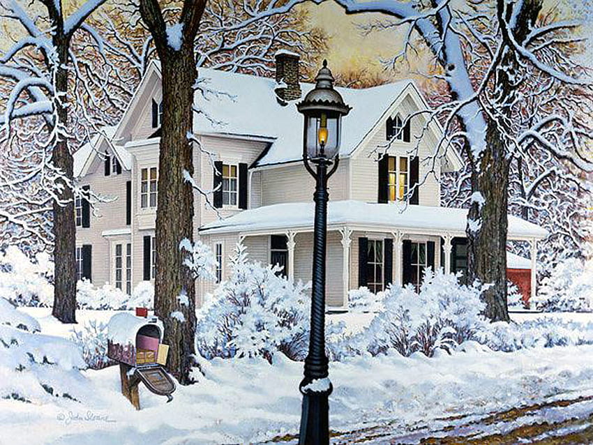 White white house, winter, painting, art, snow, house, sunrise HD wallpaper