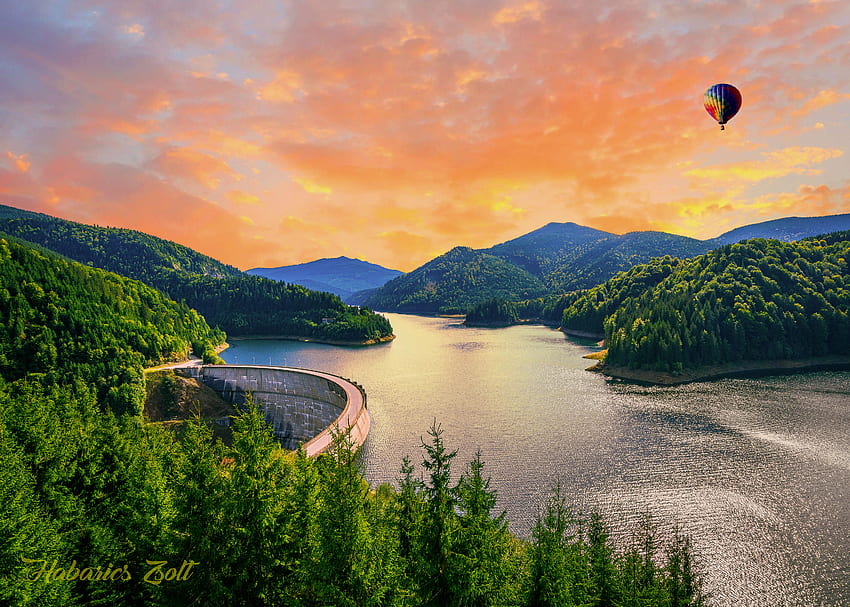 Romania Landscape Sky Hot Air Balloons Water Dam - Resolution: HD wallpaper