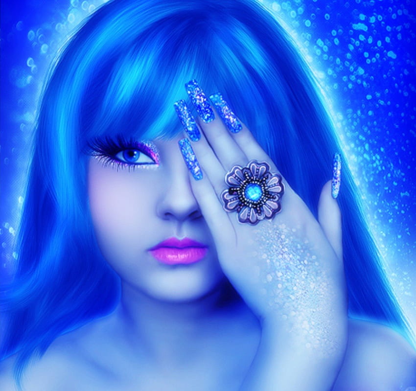 ✫Blue Exaggerations✫, blue, colorful, ring, glow, colors, digital art, abstract, nails, bright, sparkle, lips, female, sweet, eyes, gorgeous, weird things people wear, beautiful, people, love four seasons, fantasy, pretty, manipulation, cool, models, girls, women, lovely, splendor, hair HD wallpaper
