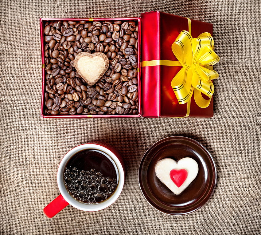 愛を込めて、コーヒー、豆、カップ、愛 高画質の壁紙