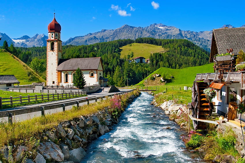 Tyrol, town, beautiful, spring, village, mountain, river, creek, mill, peaceful, road HD wallpaper
