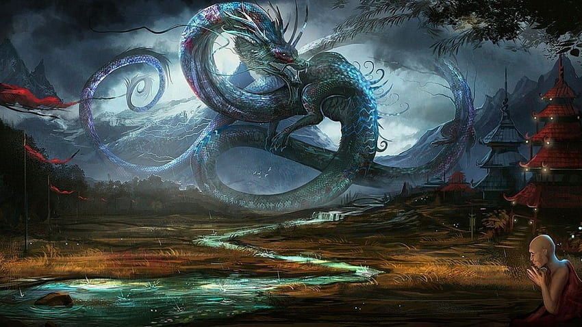 Water dragons rain China legendary flags fantasy art artwork low, China Sea HD wallpaper