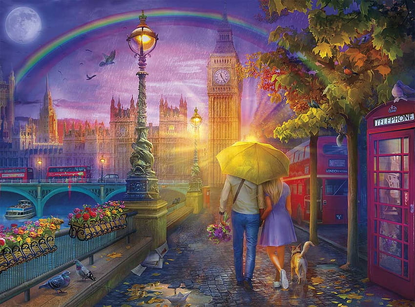 London Rain, vibrante, caminar, brillante, arco iris, lluvia, colores fondo de pantalla