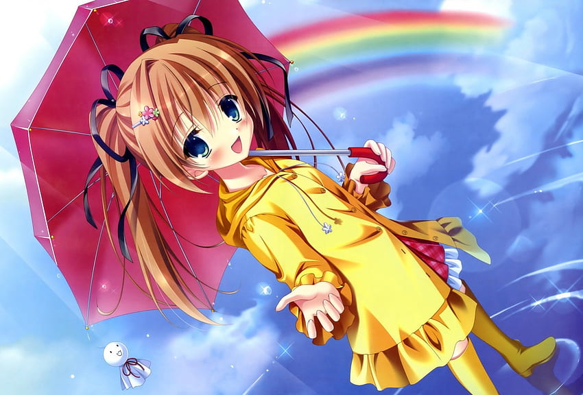 Rain Is Over, blaue Augen, langes Haar, Caot, Anime-Mädchen, Anime, Umbrella, Regenbogen, Wolken, braunes Haar, Himmel, Rouge, Wasser, Stiefel, weiblich HD-Hintergrundbild