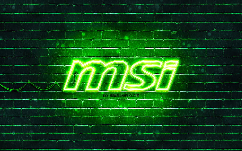 Zielone logo MSI, zielony mur z cegły, logo MSI, marki, neonowe logo MSI, MSI Tapeta HD