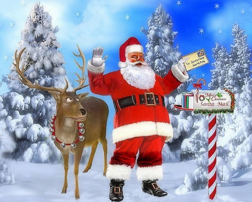 サンタはあなたの手紙、冬、休日、絵画、サンタクロース、愛の四季、トナカイ、クリスマス、雪、クリスマス、新年を手に入れました 高画質の壁紙
