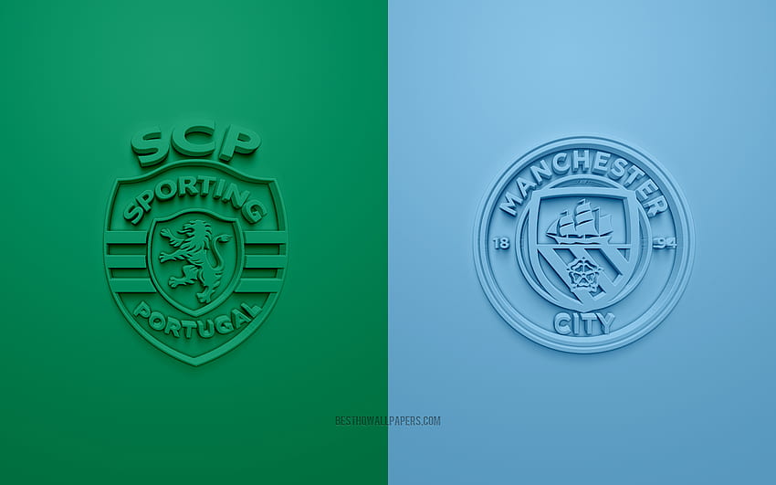 Sporting vs Manchester City, 2022, UEFA Champions League, Eighth-finals, 3D logos, blue green background, Champions League, football match, 2022 Champions League, Sporting, Manchester City FC HD wallpaper