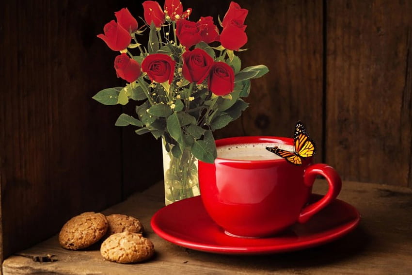 Ƹ̵̡Ӝ̵̨̄Ʒ ~✿~ Ƹ̵̡Ӝ̵̨̄Ʒ, biscoitos, buquê, rosas, quente, vaso, copo, café, borboleta, vermelho, café, cappuccino, claro, fundo de madeira papel de parede HD