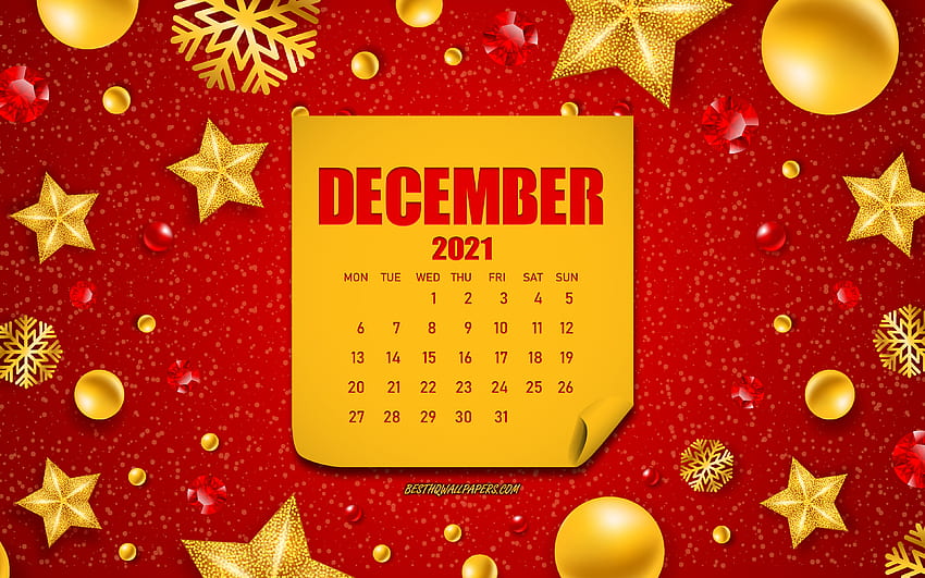 2021年12月のカレンダー、赤のクリスマスの背景、新年、12月、金色の装飾が施されたクリスマスの背景、2021年12月のカレンダー 高画質の壁紙